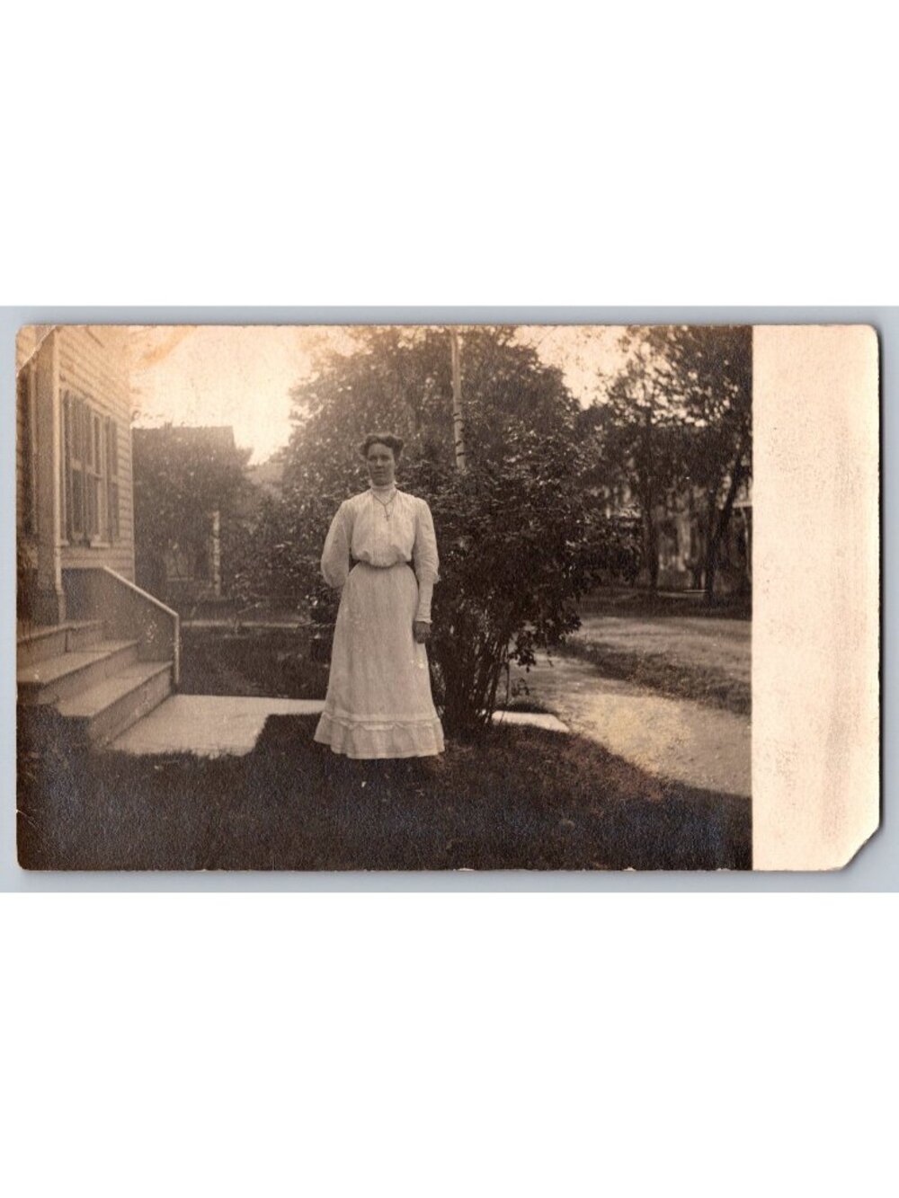 Antique Edwardian Woman White Dress House RPPC Real Photo Postcard c1910